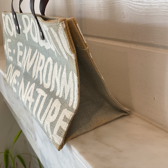 Stop Polution Love Nature Gray Burlap Tote Bag - Picture 6 of 10